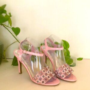 Pink Strappy Glam Fairy Coquette  Cottage Core High  Heel Sandals Silver Accents